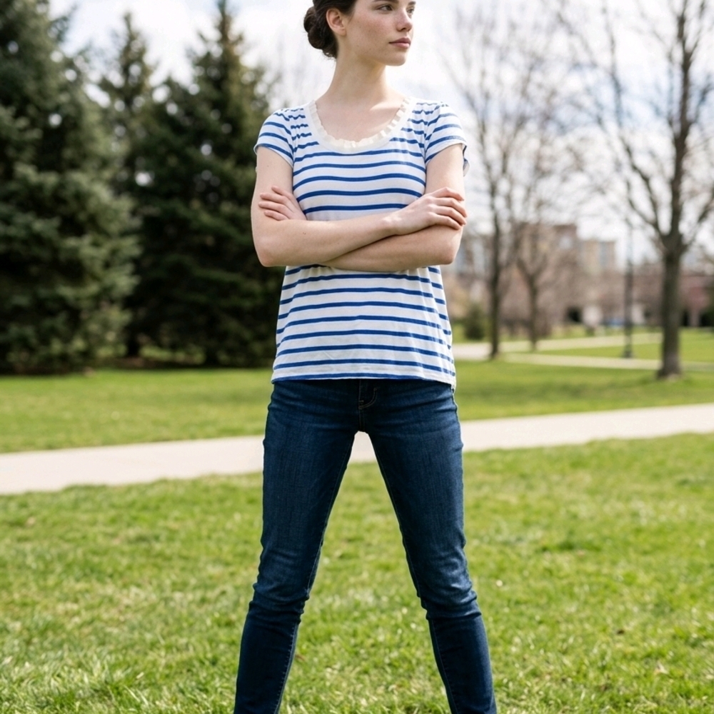 Anthropologie Bordeaux Blue Striped Chiffon Open Back Mixed Media Tee S
